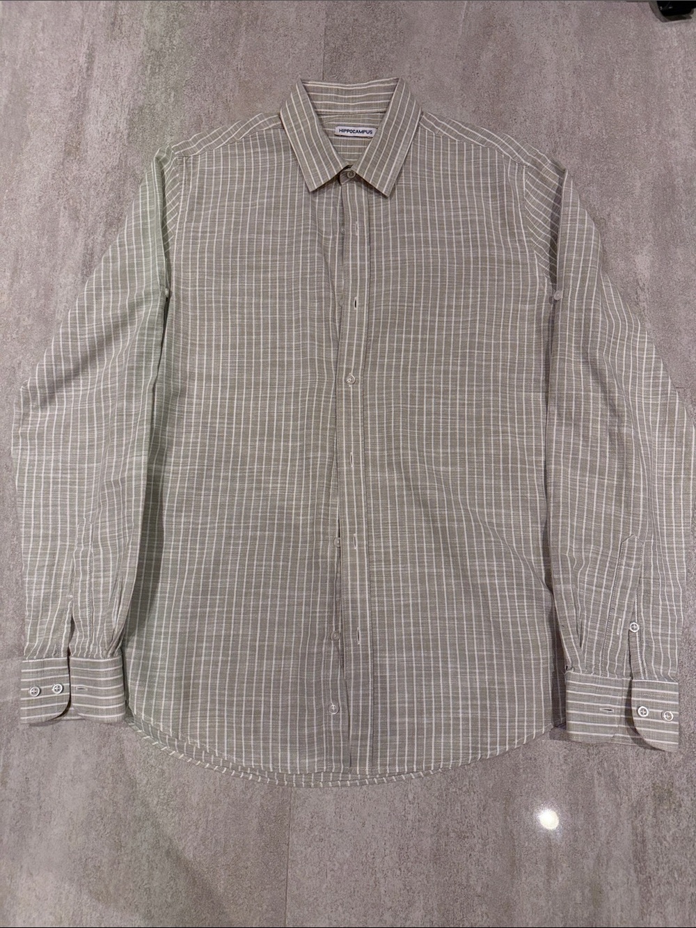 Men’s 100% Linen Long Sleeve Button Up Shirt Grey-Green White Striped M